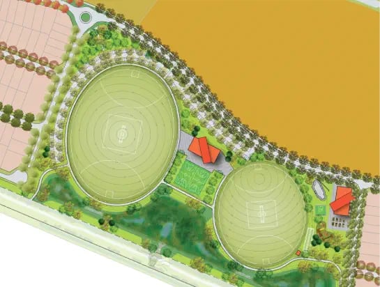3D design and plan of two natural turf oval field of play