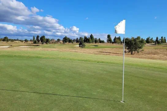 White golf flag and pole on a golf course
