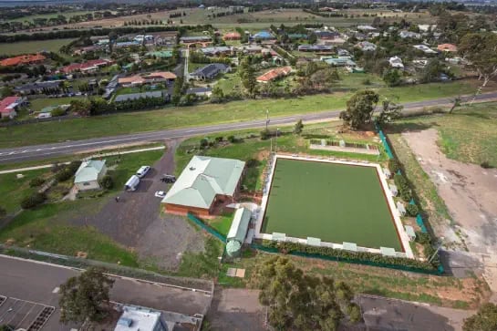 Aerial view of a synthetic turf lawn bowls field