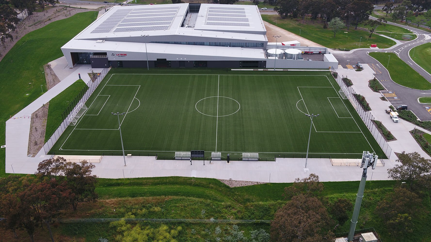 Aerial view of the La Trobe University synthetic turf soccer Field of Play 