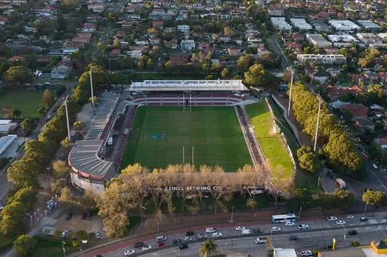Aerial view of the Brookvale stadium oval rugby natural turf Field of Play