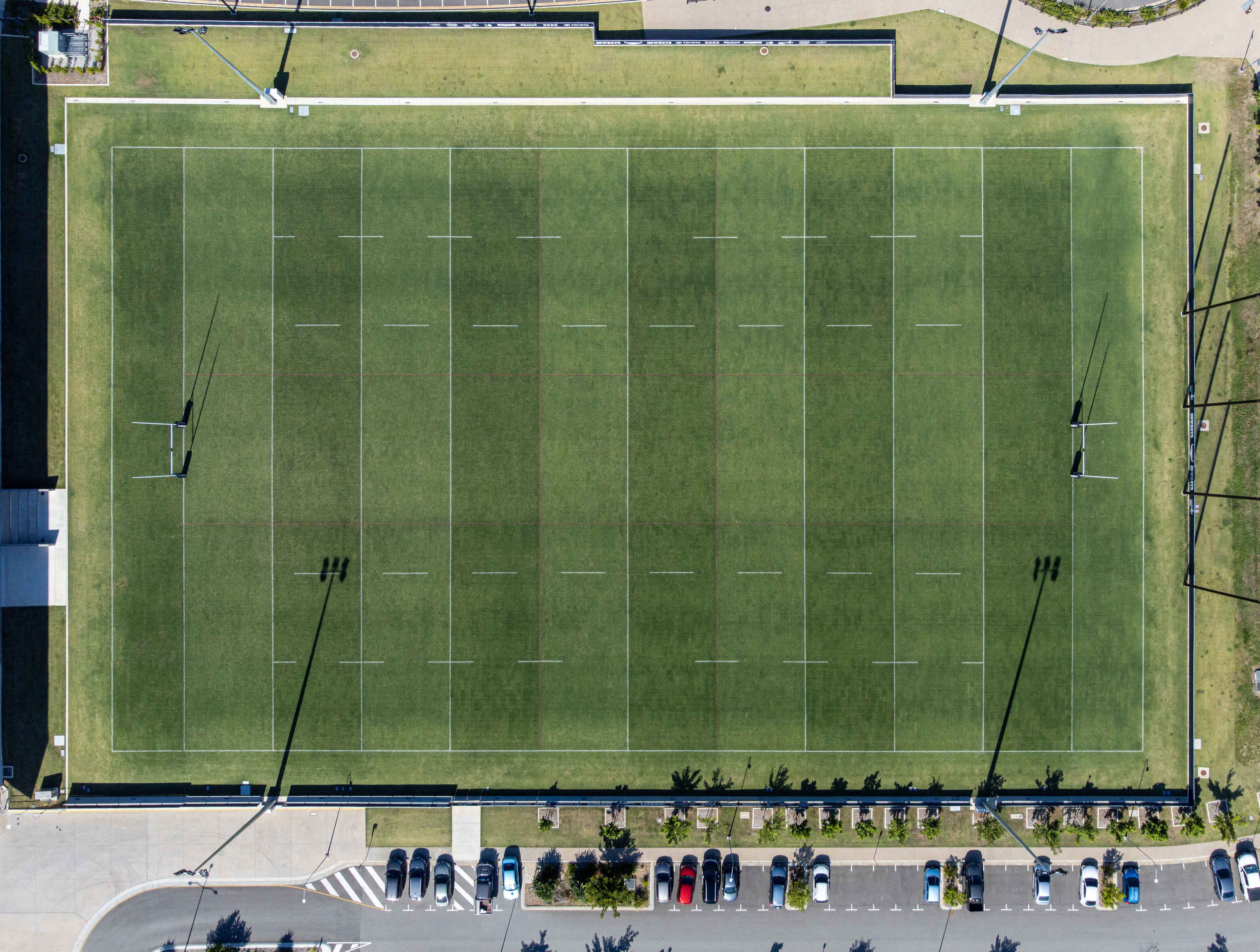 Aerial view of an outdoor natural turf rugby Field of Play