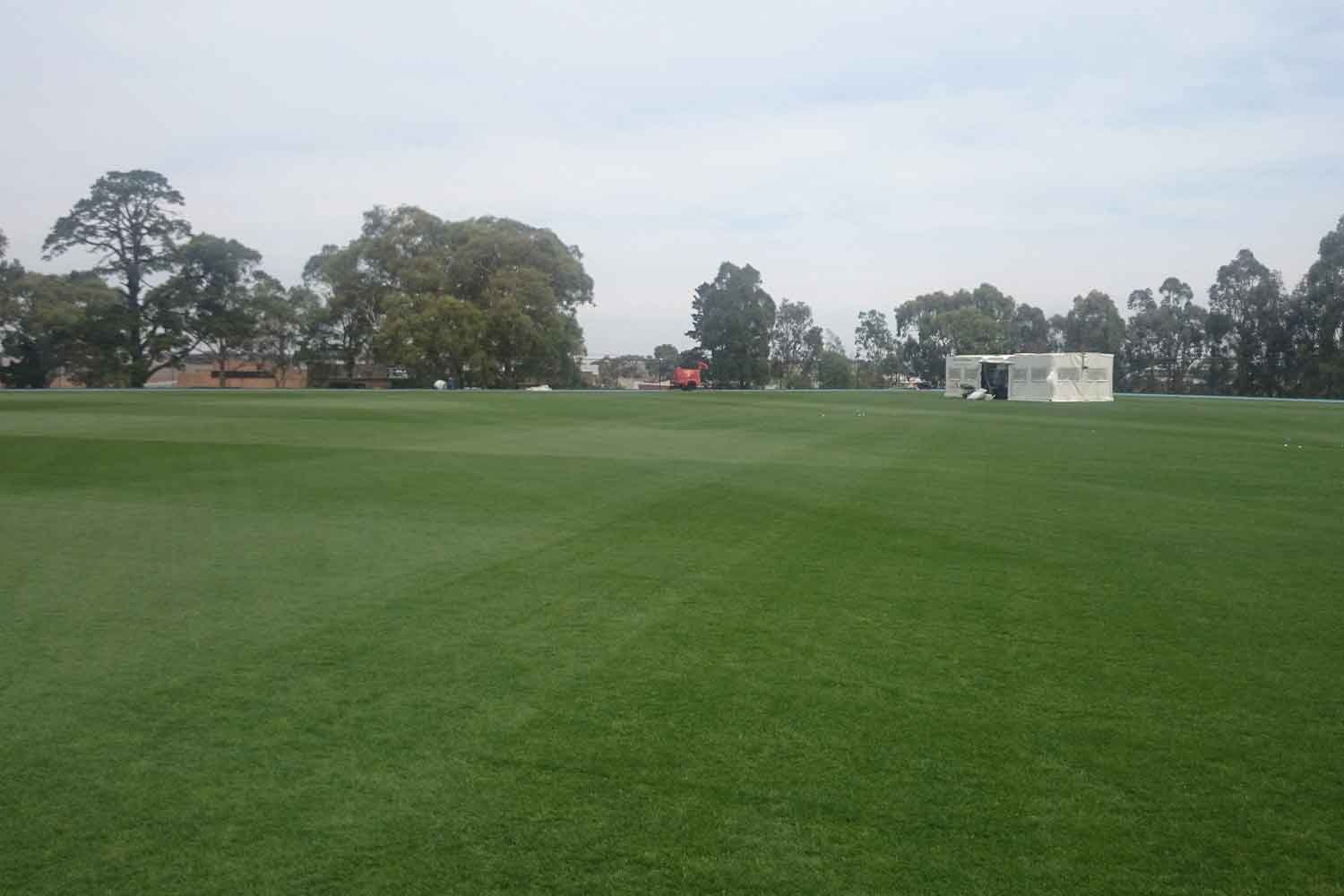 Panoramic view of a soccer sports field using a hybrid turf surface